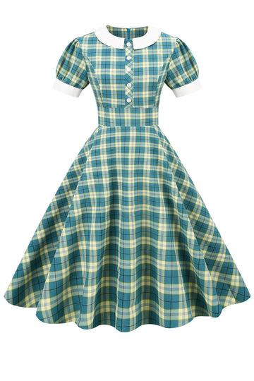 Jewel Neck Green Grid 1950'erne Kjole med korte ærmer